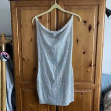 pretty little thing silver holographic sequin Zip up back mini dress 6