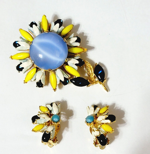 RARE Florenza Jewelry Set Brooch Earrings, Blue Moonstone Yellow Flowers js- - Picture 3 of 11
