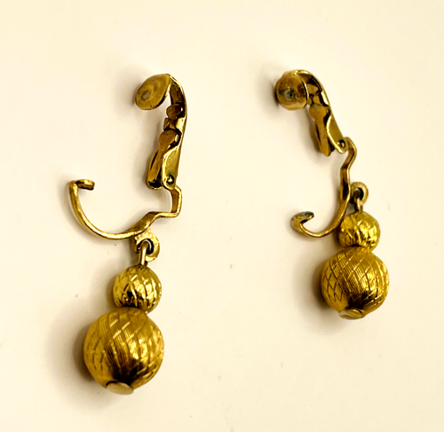 Ball Gold Tone Dangle Clip-On Earrings - Vintage Style Statement Jewelry - Picture 5 of 7