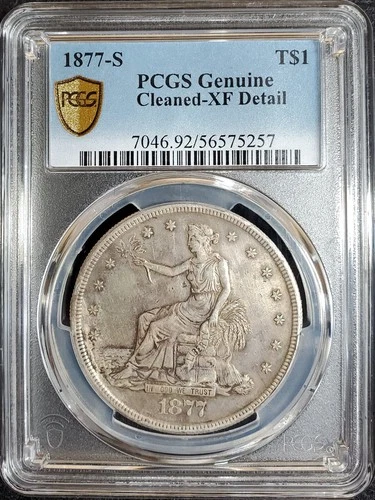 1877-S Silver Trade Dollar coin graded Genuine XF Detail by PCGS.