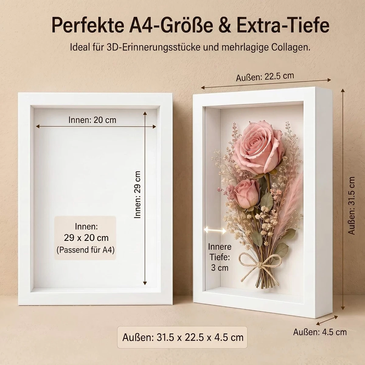 Bilderrahmen 3D A4 Weiß mit Plexiglas für Fotos & DIY-Kunst 20-29 cm