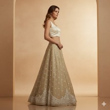 Sanskriti Vintage Ivory Long Lehenga Pure Silk Hand Embroidered Zardozi Unstitch