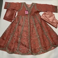 Embroidered Peach Pink Anarkali Dress Pakistani Girls Eid Wedding Outfit 6-7Y