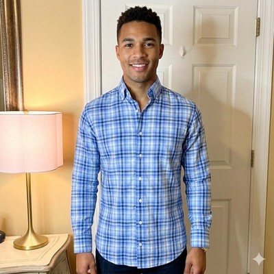 GUC Men's Peter Millar Walker Cotton Stretch Shirt Blue White Check Size SMALL