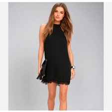 LuLus Bywater Black Lace Swing Dress LBD lightweight halter top SZ SM