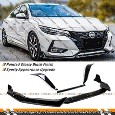 For 2020-23 Sentra V2 Gloss Black Front Bumper Lip + Chrome Delete Grill Garnish