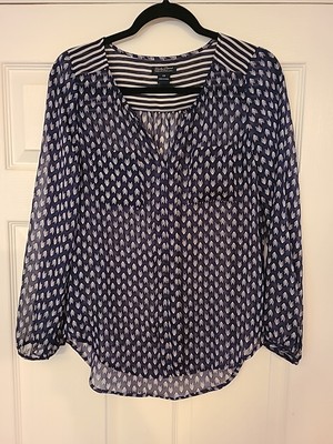 Lucky Brand Women s Size XS Navy Blue & White Arrow Print Sheer Loose Fit Blouse