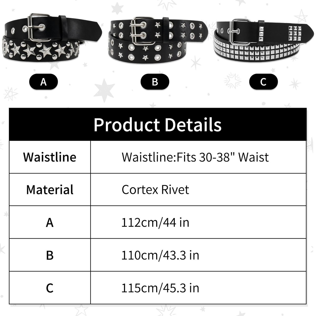 5552 Black Studded Belt, 3 Pcs Y2k Belt Star Goth Emo Punk Rock Double Y2K Star Studded Black Silver Belt – Grunge Goth Emo Skater  main image 3