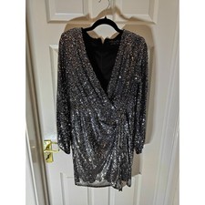 Little Mistress New Look Womens Size 16 Sequin Wrap Dress Silver Party