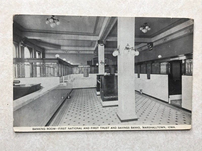 P546 Vintage Postcard Banking Room, First National First Trust, Marshalltown IA