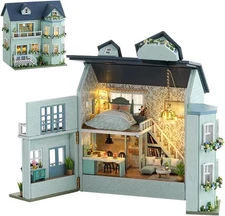 DIY Miniature Wooden Dollhouse Furniture Kit,Mini Handmade Doll House with LED