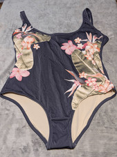 Kona Sol Gray Floral One Piece Cheeky Swimsuit Swim Suit Bathing Suit XL