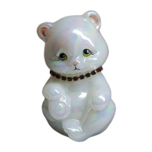 Fenton White Glossy Art Glass Vintage Bear With Necklace Figurine