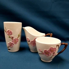 3pc Set of Vtg Metlox Poppy Trail Peach Blossom Tea Cup Cream Pitcher & Tumbler