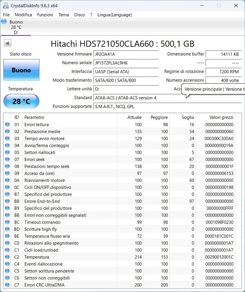 Hard Disk Hitachi H3D5001672S 500GB 3.5" SATA – Perfettamente Funzionante - Immagine 4 di 4