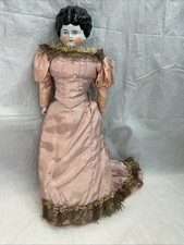 17  Antique German China Head Doll, Leather Body, Gorgeous Elaborate Pink Dress