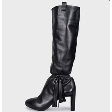 Celine Black Leather Fringe Tapered Boots - S...