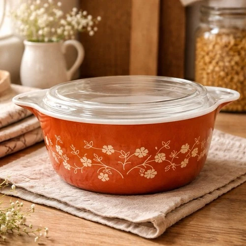 Vintage Pyrex Autumn Floral Orange Cinderella Bowl w Lid 1.5Q Fall Nostalgia