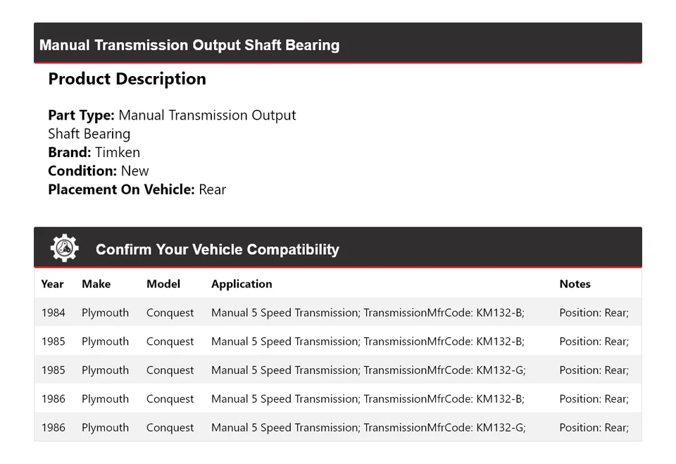 For 1984-1986 Plymouth Conquest Manual Trans Output Shaft Bearing Rear Timken - Image 2 of 4