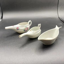 3 Antique Porcelain Invalid Feeders White Floral Gold Trim Boat Feeder