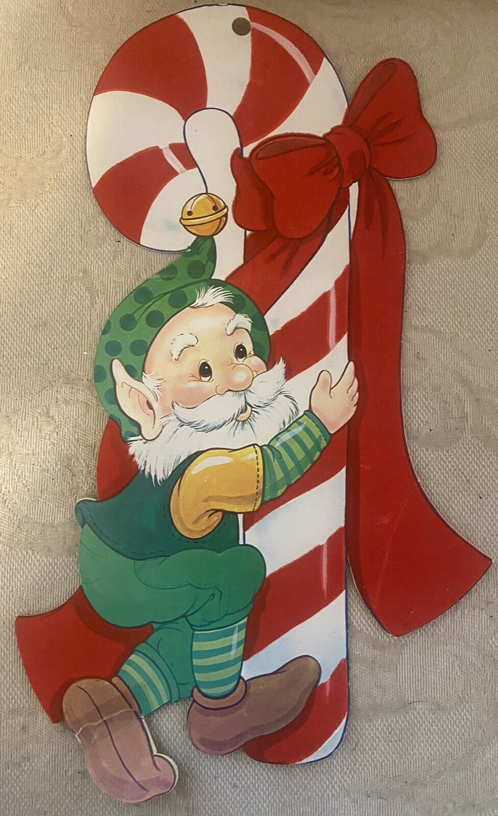 Vintage Christmas Die Cut Elf Candy Cane Wall Decoration 14 X 7 Rare FLAW