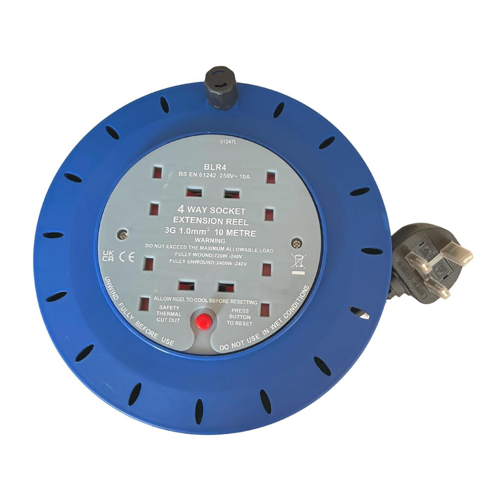 10m Extension Cable Reel 4 Way Socket For Indoor/Outdoor Use Electric