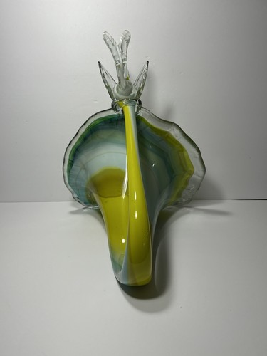 Vintage Blown Art Glass TRUMPET Flower With BIRD Sculpture Yellow TURQUOISE 15" - Picture 6 of 12