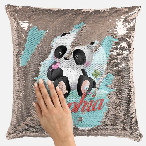 Personalised Panda Any Name Magic Reveal Gold Sequin Cushion Cover Gift 88 - Picture 2 of 4