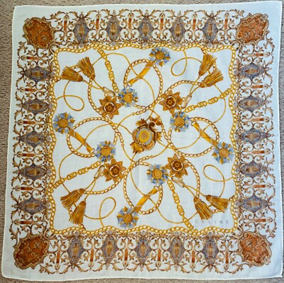 Celine Paris Chains and Tassel Print Cotton and Silk Square Scarf, Beige,22''x22''
