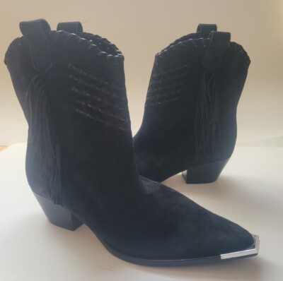 Schutz Alexxa Black Suede Pull-On Western Booties Fringe Women s Size 7.5 New