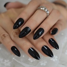 24 Glossy Black Press On Nails w/ Glue Medium Almond pointed goth emo alt almond