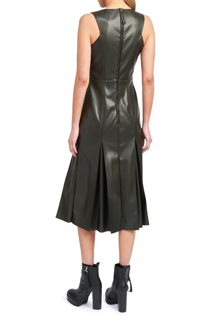 en saison faux leather dress En Saison Olive Green Pleated Faux Leather Midi Dress NWT Size XS