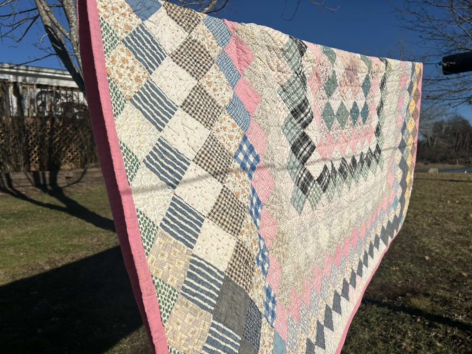 Vintage handstitched quilt Project 1.5” Pieced Square Pattern Twin