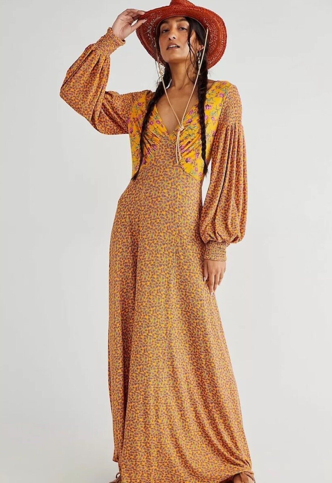 NWT FREE PEOPLE Sz XS LOVE STORY MAXI DRESS MIXED FLORAL PRINT LONG SLEEVE  GOLD