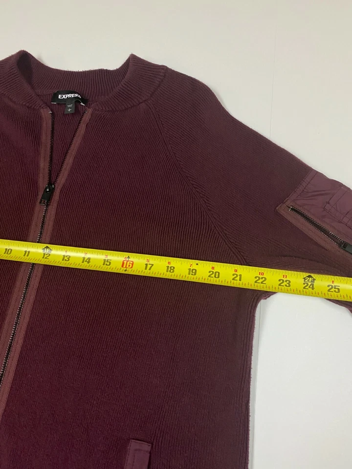 Express Sweater Mens Large red stretch full zip burgundy pockets - Image 4 of 4
