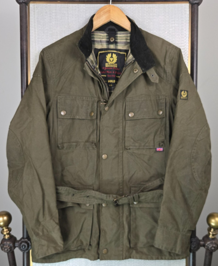 BELSTAFF GOLD Mens Size 44 Medium Oilskin Waxed Jacket Belted Green Zip Corduroy