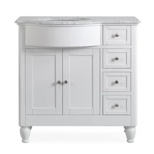 38" White Bathroom Vanity Single Left Side Sink Cabinet Marble Top
