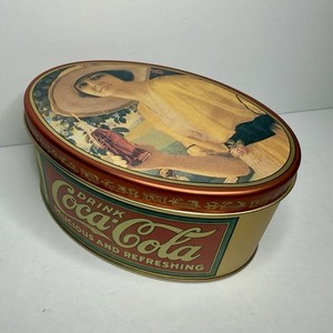 Coca Cola Girl Drinking Coke Oval Bristol Ware Tin Box w/ Lid - Vintage 1988