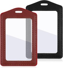 2Pcs Leather Badge Holder, Double Sided Clear Window Badge Holder Vertical ID Ca