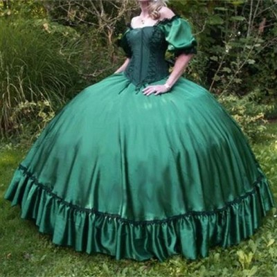 Green Satin Quinceanera Dresses Puff Sleeves Straps Shiny Fabric Giant Ball Gown