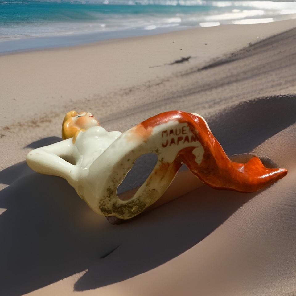 Vtg Japan Glazed Bisque Porcelain Mermaid Nude Bathing Beauty Figurine