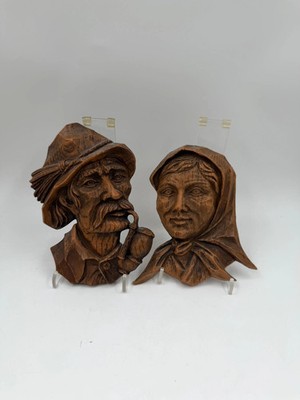 2 Black Forest Figure Busts, Plastic Wood-Look, Country Decor Pair
