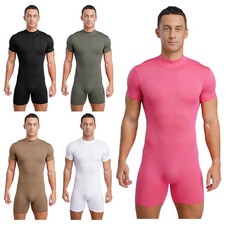 Men's Compression One-piece Bodysuit Mock Neck Short Sleeve Bottom Jumpsuit