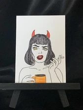 Original ACEO Devil In Morning Medium Ink Line Art Marker on Paper Signed Artist