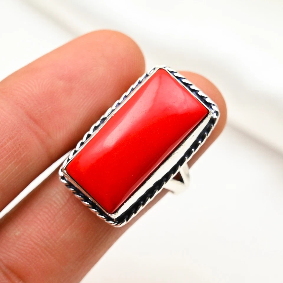 Red Coral Gemstone Handmade 925 Sterling Silver Ring Jewelry Gift For Wife - Image 3 of 4