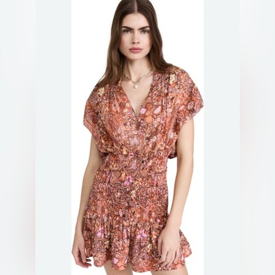 A.L.C. Carly Smocked Print Silk Mini Dress in Sorbet Sz 10 Spring Travel Light
