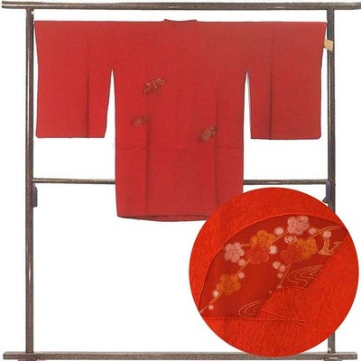 Recycled Silk Kimono Coat 91cm Red Fan Pattern Women's Lined (A)