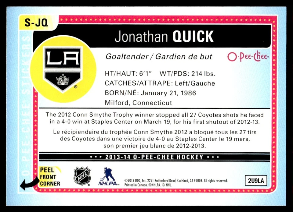 2013-14 O-Pee-Chee Stickers Jonathan Quick Los Angeles Kings #S-JQ - Image 2 of 2