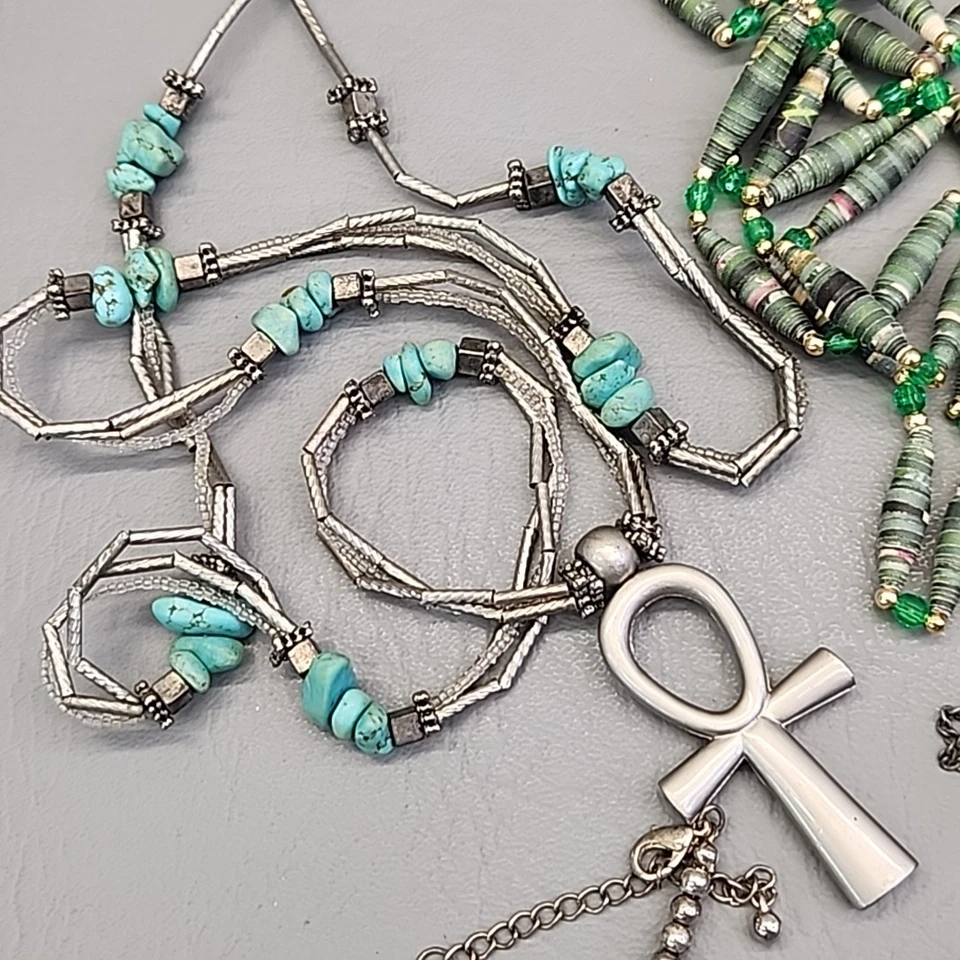 Lote de 16 Collares Cuentas Piedra Azul Papel Verde Acrílico Esterlina Foto 2 de 4