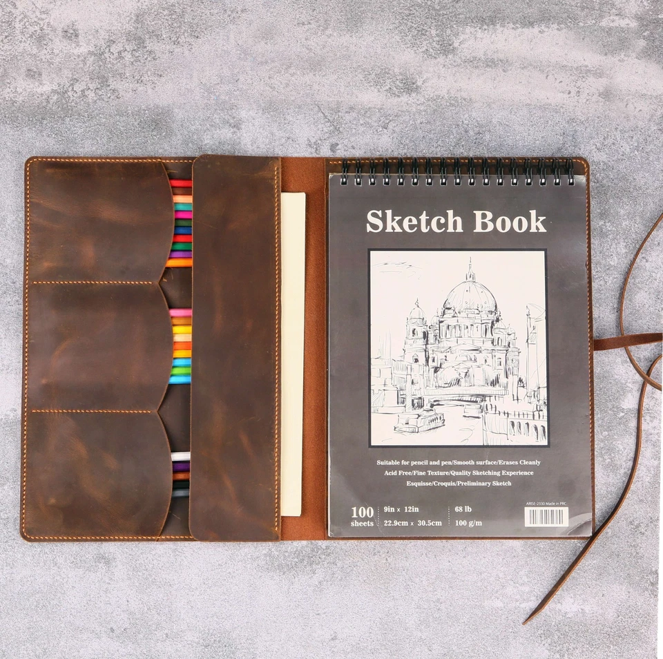 Cubierta de libro de bocetos de cuero de grano completo para almohadilla de bocetos en espiral superior de 9x12 Foto 4 de 4